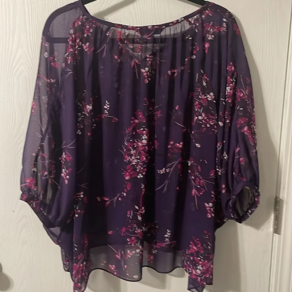 💰Express semi sheer purple floral print dolman sleeve top oversized medium - Picture 5 of 6